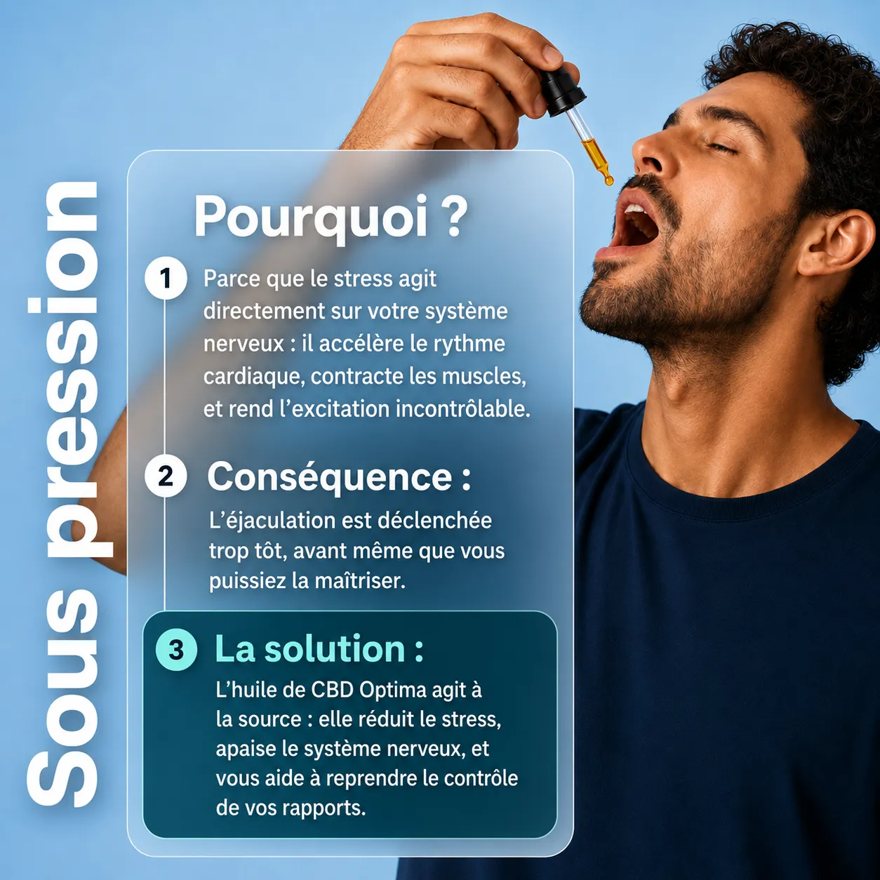Sous pression : 1. Pourquoi, le stress agit directement sur le système nerveux. 2. Conséquence, l'éjaculation se déclenche trop tôt. 3. La solution, l'huile de CBD Optima agit à la source et redonne le contrôle.