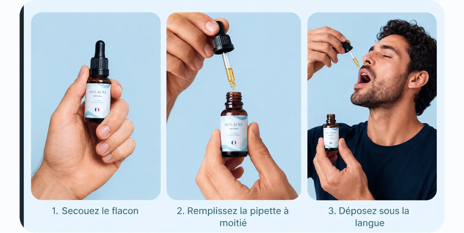 Comment utiliser : 1. Secouez le flacon · 2. Remplissez la pipette à moitié · 3. Déposez sous la langue